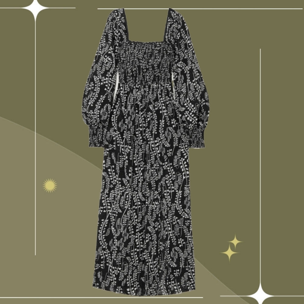 ✨ Rixo Marie Black And White Tree Roots Smocked MIDI Dress Size Medium
